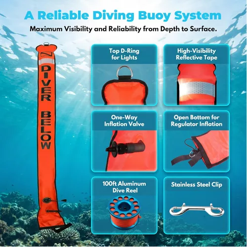 Miniatura 2 de DSMB Surface Marker Buoy with 100ft Finger Spool Reel Diver Below Signal Flag Tube Scuba Diving Equipment Open Bottom Set