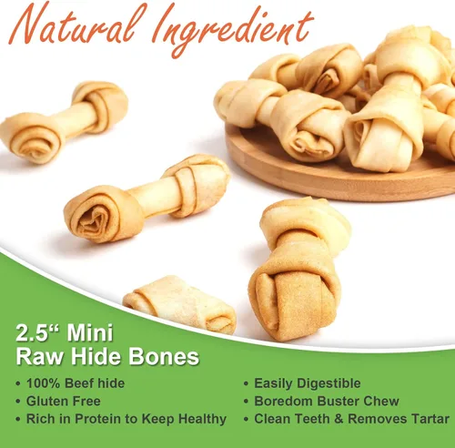 Miniatura 3 de MON2SUN Huesos de nudo de cuero crudo para perros, pequeños huesos de cuero crudo, mini masticables sabor a pollo de 2.5 pulgadas, 60