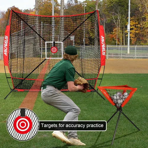 Miniatura 5 de Red de práctica de sóftbol de béisbol de 6 x 6 pies, red de lanzamiento, red de bateo, con zona de golpe de bonificación, objetivo y marco de arco