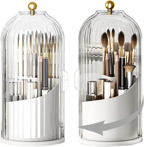 VIDECOR Soporte giratorio de 360° para brochas de maquillaje con tapa, organizador de lápiz labial giratorio, delineadores de ojos, soporte para