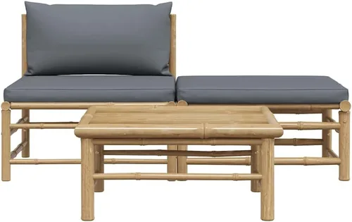 Miniatura 9 de vidaXL Juego de sala de patio de 3 piezas con elegantes cojines gris oscuro, muebles de exterior de bambú, sofá medio, reposapiés, mesa auxiliar