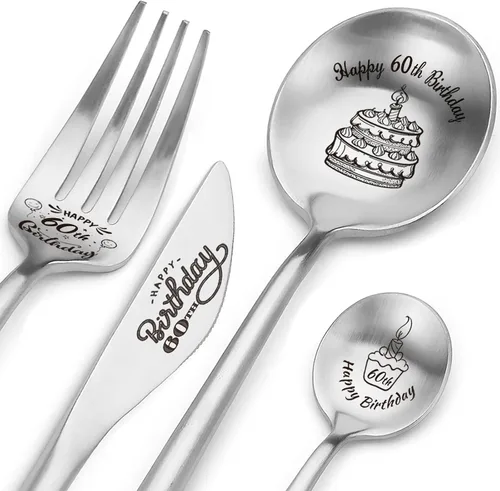 Juego de cubiertos grabados con cuchara y tenedor de cumpleaños número 60, regalos de cumpleaños personalizados para hijo, hija, hermana, hermano,