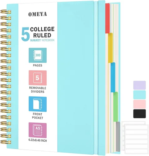 Miniatura 9 de Cuaderno de Espiral 8.5" x 11", Cuadernos de 5 Materias con Rayas Universitarias con Divisores Removibles, 300 Páginas 100GSM Diario de Escritura