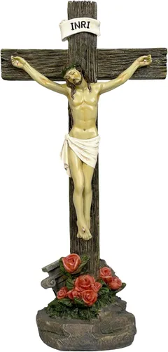 JORAE Estatua de crucifijo de Jesús, decoración de cruz de pie, figura religiosa religiosa de Jesucristo, exhibición católica de resina, decoración