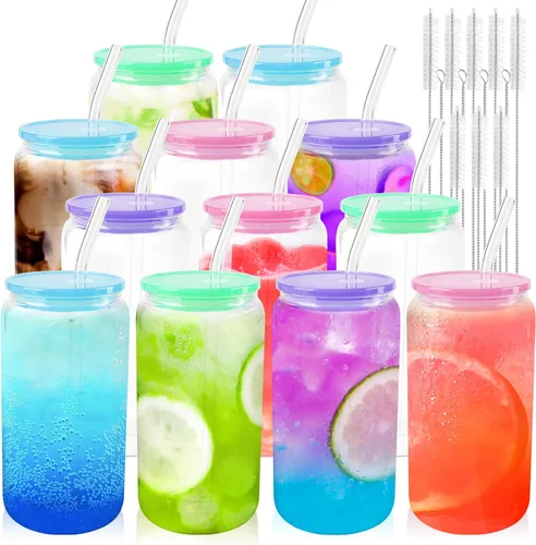 Miniatura 8 de Joyclub 4 vasos de vidrio con tapas y pajitas acrílicas, tazas de café helado de vidrio de 16 onzas con tapas y pajitas, lindos vasos para beber