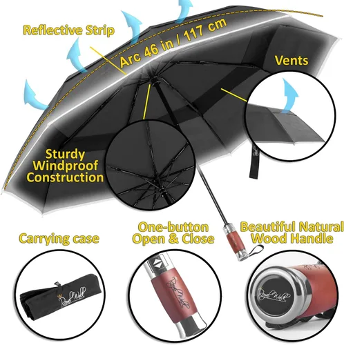 Miniatura 7 de Royal Walk Paraguas de viaje plegable resistente al viento, compacto y fuerte, mango de madera real, cierre automático, doble toldo ventilado