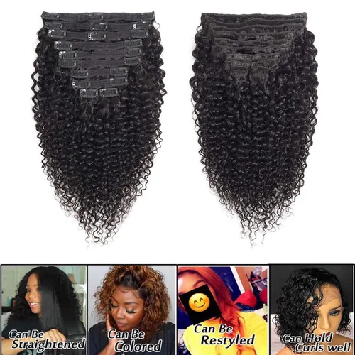 Miniatura 7 de Extensiones de cabello humano real rizado con clip, para mujeres negras, extensiones de cabello humano rizado brasileño 3C 4A, 10 piezas con 21