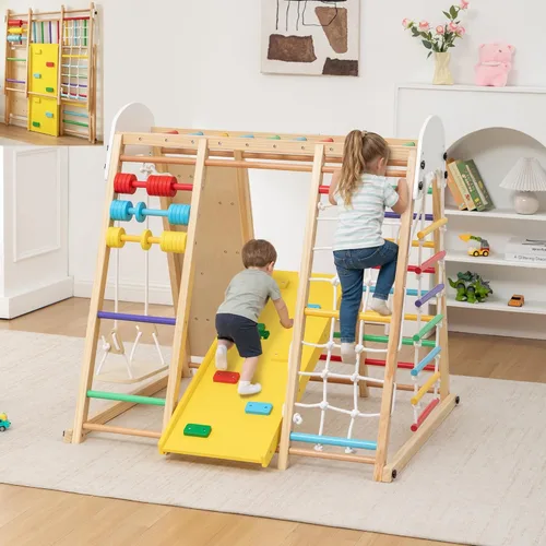 KEIKI 9-in-1 Foldable Wooden Kids Climbing Frame with Slide Swing Monkey Bars Rock Wall Abacus, Indoor Outdoor Playground Set, Montessori Play Gym