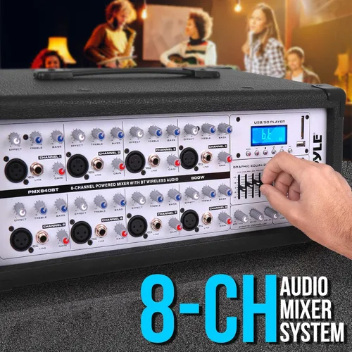 Miniatura 6 de Pyle PMX840BT Mezclador de escenario con alimentación de 800W con Bluetooth - Sistema de sonido de audio profesional de 8 canales con reproductor