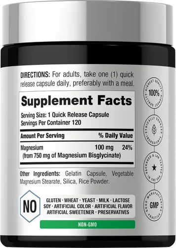 Miniatura 2 de Horbäach Bisglicinato de magnesio 120 cápsulas 750 mg Suplemento sin OMG y sin gluten Suplemento sin OMG y sin gluten