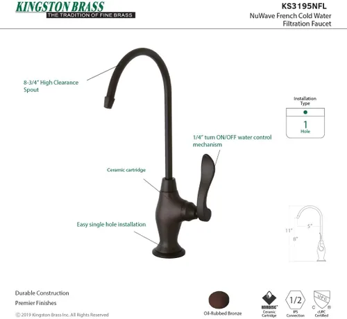 Miniatura 3 de Kingston Brass Gourmetier KS3195NFL Nuwave - Grifo francés de filtración de agua de un solo mango, bronce aceitado, 10.81 x 4.63 x 1.75 pulgadas Oil