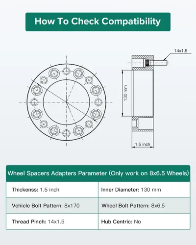 Miniatura 2 de Adaptadores espaciadores de rueda de 1.5 pulgadas, 8 x 170 a 8 x 6.5 pulgadas, 8 lengüetas, 14 x 1.5, 5.118 in, compatible con F-350 Super Duty