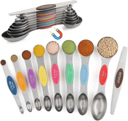 Juego de 9 cucharas medidoras magnéticas de acero inoxidable de doble cara, cucharadita apilable para anidar, cabe en frascos de especias, para Color
