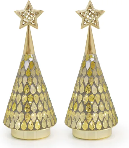 Árbol de Navidad de vidrio con mosaico dorado con estrella, 2 piezas de árboles de Navidad pequeños de mesa con luz, árbol de Navidad a pilas para