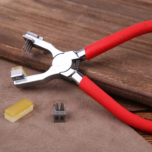 Miniatura 7 de BUTUZE, alicates de mano de cuero silencioso de 0.157 pulgadas (4 dientes franceses y 2 dientes) con aguja de cuero, estuche de aguja de madera, Rojo