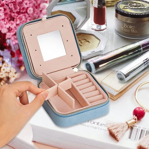 Miniatura 2 de Joyero de terciopelo de viaje con espejo, mini estuche de regalo para mujeres y niñas, pequeñas cajas organizadoras portátiles para anillos, aretes