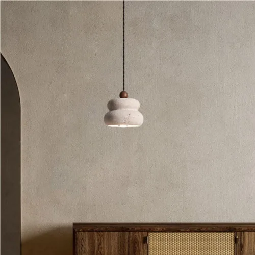 Miniatura 2 de Farmhouse Pendant Lights Fixtures Vintage Yellow Travertine Hanging Lamp with Wood Accents Japanese Wabi-Sabi Natural Chandeliers for Kitchen Island