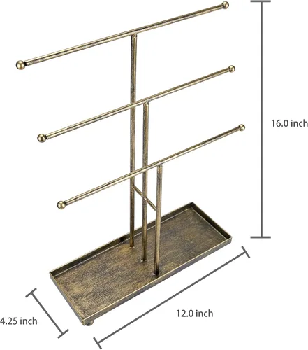 Miniatura 6 de MyGift Moderno organizador de joyas, 3 niveles de latón de metal para mesa, pulsera y collar, almacenamiento de joyas, estante para árbol
