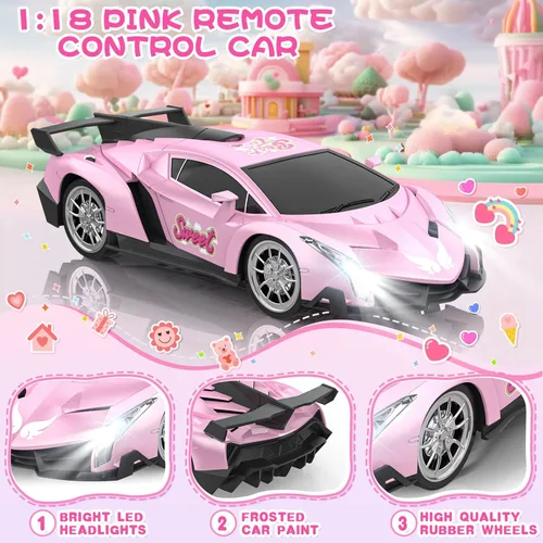 Miniatura 2 de Growsland Auto a control remoto para niñas, 1:18, color rosa, autos RC juguetes para niñas, vehículo eléctrico de juguete auto de carreras