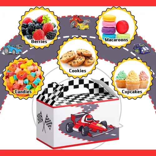 Miniatura 4 de 24 cajas de regalo de fiesta de autos de carreras con asa de bandera de carreras, cajas de golosinas para regalos de caramelos, ruedas a cuadros