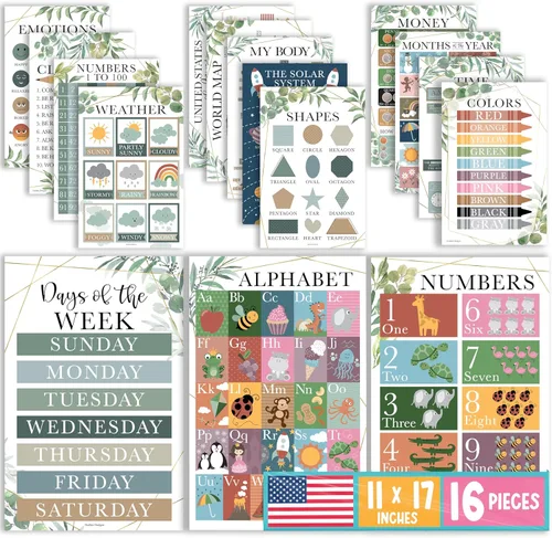 Hadley Designs 16 carteles educativos para niños pequeños de 1-3 años, carteles de aprendizaje laminados para preescolar y jardín de infantes, tabla