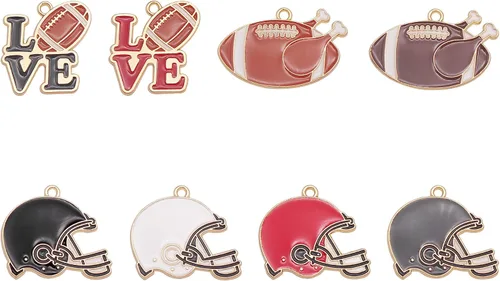 Miniatura 3 de yaokan Paquete de 16 dijes esmaltados para casco de fútbol americano – I Love Sports Rugby Ball Colgantes para bricolaje, collar, pulsera, aretes