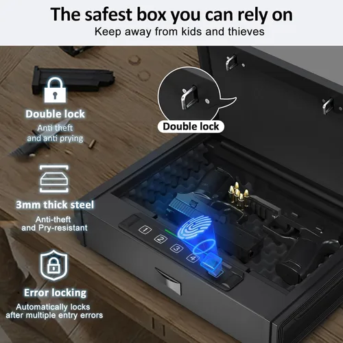 Miniatura 2 de [30% Mayor capacidad] Caja fuerte para pistolas, Caja fuerte biométrica para pistola, Caja fuerte para pistola montada, Caja fuerte de seguridad
