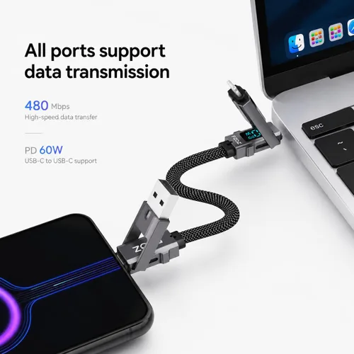 Miniatura 4 de pzoz Cable de carga múltiple llavero cable de carga con pantalla LED, 4 en 1 Multi USB C de carga rápida Combo Lightning/Tipo C/USB A/USBC