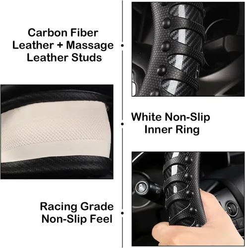 Miniatura 4 de Funda universal para volante de automóvil con masaje 3D, 14.5-15 pulgadas, fundas de cuero de fibra de carbono negras, transpirables