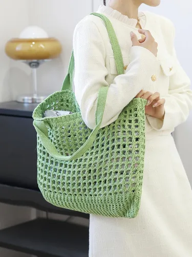 Miniatura 57 de ENBEI Bolsa de playa para mujer, diseño hueco de punto de ganchillo, elegante para la playa, viajes y uso diario