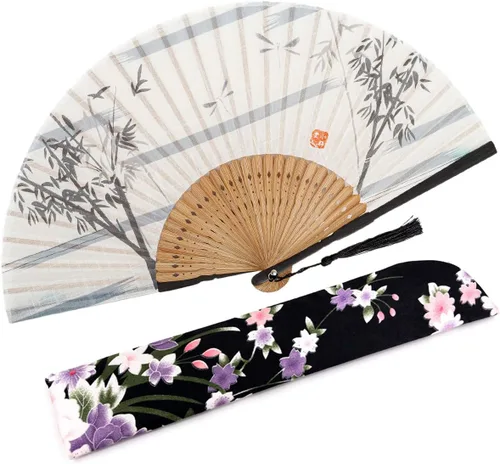 Miniatura 30 de Abanico plegable de seda y bambú, 8.27 pulgadas (21 cm), estilo retro, vintage, elegante y encantador, chino/japonés, regalo para mujeres y niñas