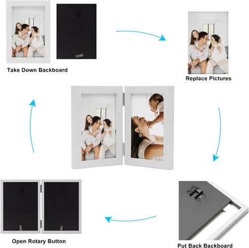 Miniatura 8 de Marcos de Fotos Dobles 4x4 con Bisagras Plegables en Negro para Colgar en la Pared o Poner en Mesa, Hechos de Madera de Pino con Vidrio Real P-44 *