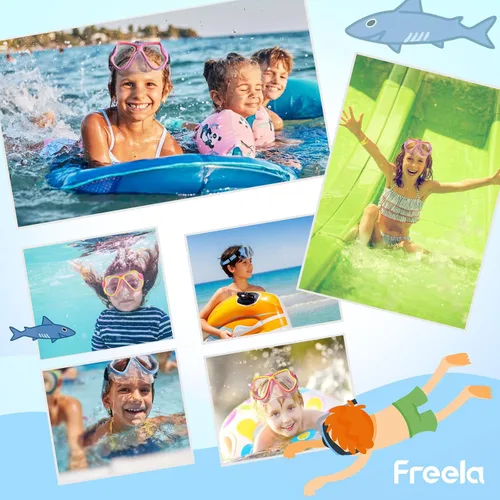 Miniatura 6 de Freela Paquete de 2 gafas de natación para niños y niñas de 3 a 14 años, lente de vidrio templado de 180° HD con cubierta de nariz para piscina