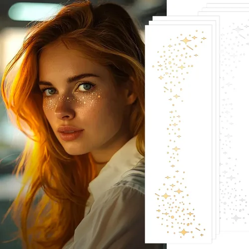 Pecas con purpurina para tatuajes faciales, 6 hojas de parches de maquillaje facial con estrellas doradas y plateadas, pecas falsas lindas con