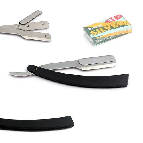 Miniatura 4 de OdontoMed2011® Rastrillos profesionales rectos de acero con borde de barbero plegable para afeitar, rastrillo de afeitado doble (mango negro)