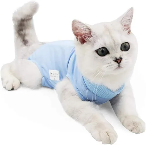 Traje de recuperación para gatos para heridas abdominales o enfermedades de la piel, mameluco de gato para gatos después de la cirugía, traje de Azul