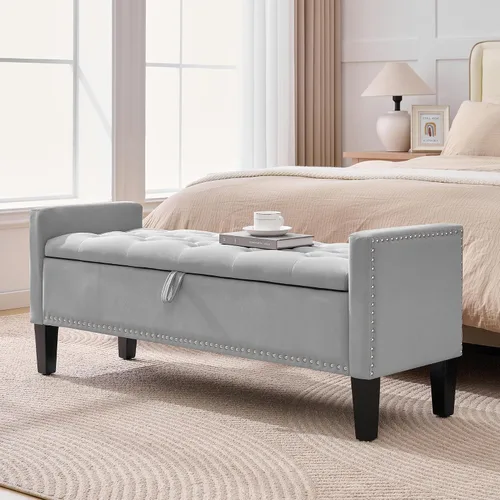 Miniatura 13 de Banco otomano de almacenamiento, reposapiés tapizado de terciopelo para dormitorio y sala de estar, asiento copetudo con almacenamiento, patas