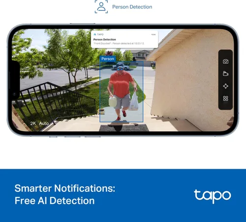 Miniatura 5 de Tapo Timbre de video inteligente inalámbrico 2K - Vista ultra amplia de 160°, detección de persona, conversación bidireccional, llamada de timbre
