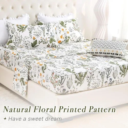 Miniatura 3 de Lady Ann Sábanas florales tamaño King 100% algodón, diseño de flores amarillas y hojas con estampado botánico de plantas, bolsillos profundos, ropa