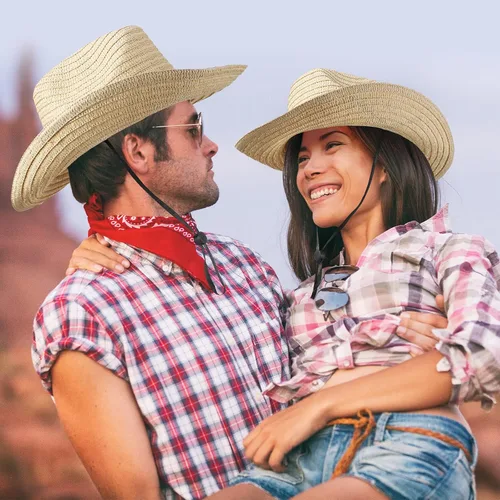 Miniatura 7 de Unittype Juego de 6 sombreros de vaquero de paja con bandanas, paquete de accesorios de fiesta de vaquero, disfraz clásico de sombrero de vaquero
