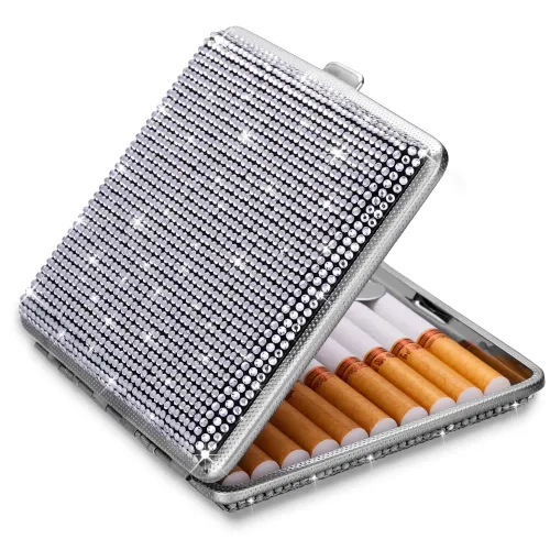 Miniatura 9 de SAVORI Estuche de cigarrillos para mujeres y hombres, soporte de cigarrillos de metal con cristales brillantes de doble cara, caja de cigarrillos AB