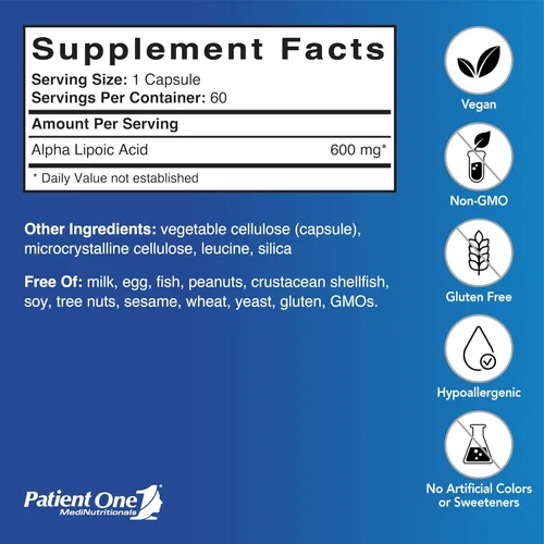 Miniatura 2 de Patient One Ácido alfa lipoico (ALA) 600 mg Suplemento antioxidante para apoyar la salud nerviosa y hepática* 60 cápsulas