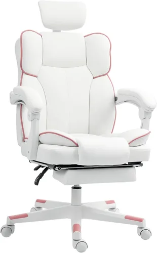 HOMCOM Silla de oficina ejecutiva, silla reclinable de piel sintética con reposapiés, reposacabezas, ruedas giratorias para el hogar, color blanco