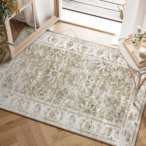 Miniatura 146 de Jinchan Fiora - Alfombra redonda de 8 pies, alfombras vintage con diseño floral envejecido, lavable a máquina, antideslizante, de pelo bajo, Azul