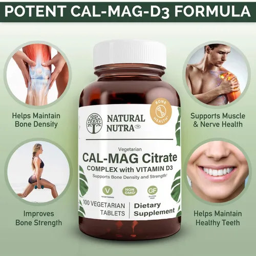 Miniatura 3 de Natural Nutra Citrato de Cal-Mag con vitamina D3,1000/500 mg Complejo, fortalece la densidad ósea, la salud muscular y nerviosa, fuentes altamente