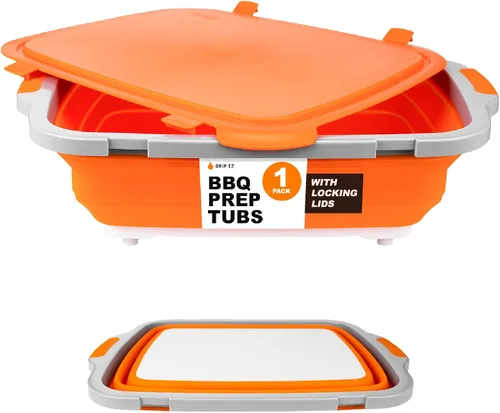 Miniatura 8 de Drip EZ Tina plegable para preparación de barbacoa, para preparación de comidas, marinar, almacenamiento de alimentos, incluye tabla de cortar