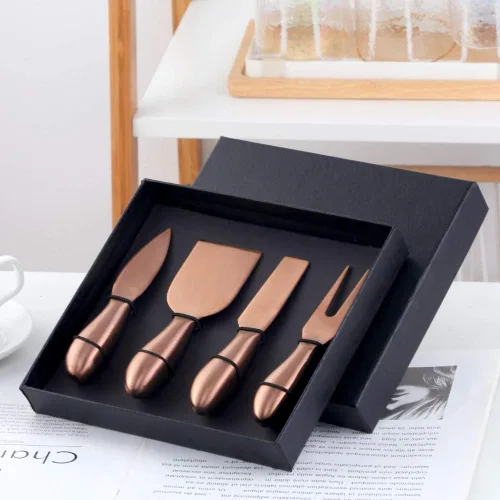 Miniatura 2 de Buyer Star Juego de 4 cuchillos de queso de oro rosa de acero inoxidable, mini cuchillos de queso para charcutería, accesorios para tablero