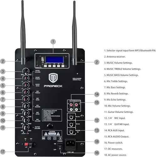 Miniatura 5 de Proreck Freedom 10 - Altavoz inalámbrico recargable de 500 W y 10 pulgadas con 2 micrófonos inalámbricos, sistema PA portátil con Bluetooth/unidad