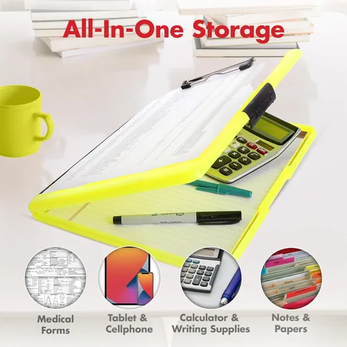 Miniatura 6 de Dexas Slimcase 2 - Portapapeles de plástico con almacenamiento y apertura lateral, color amarillo neón, suministros de oficina para organizar