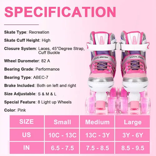 Miniatura 4 de Patines en línea ajustables para niñas y mujeres, todas las 8 ruedas de los patines de niña brillan, iluminación segura y divertida para niños A-Rosa